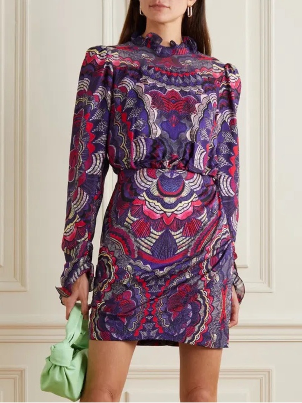 SALONI Rina B Silk Mini Dress, High-Neck Long Sleeve, Purple & Pink (US 8)